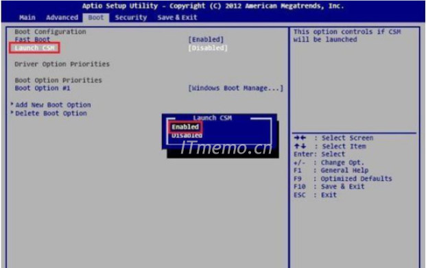 a、开机按 F2键进入BIOS界面后，通过方向键选择【Boot】--Launch CSM --选择 Enabled